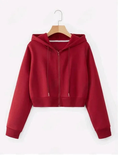 Plain Zipper Crop Hoodie For Women & Girls