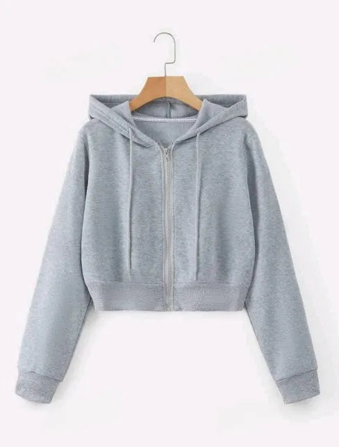 Plain Zipper Crop Hoodie For Women & Girls