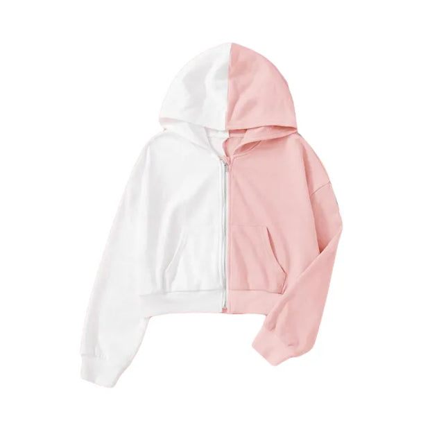 white&pink kantrac crop top pullover hoddie for women