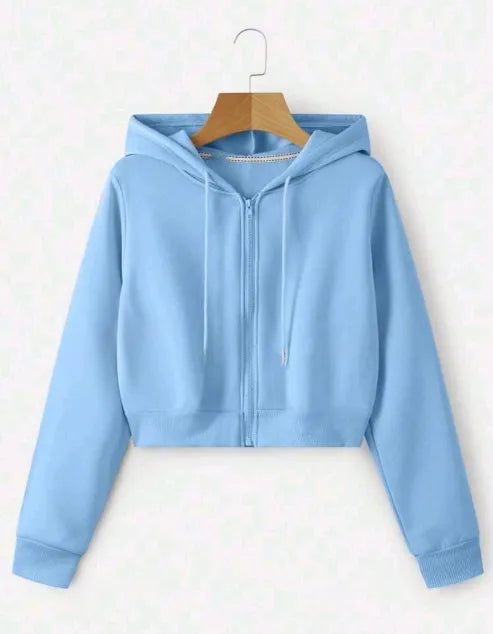 Plain Zipper Crop Hoodie For Women & Girls