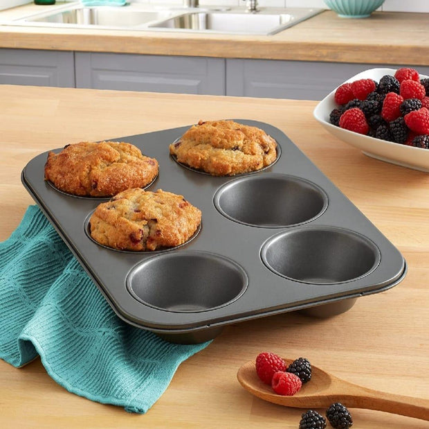 6-Cup Non-Stick Muffin Pan – Heavy Duty Carbon Steel Cupcake Baking Tray