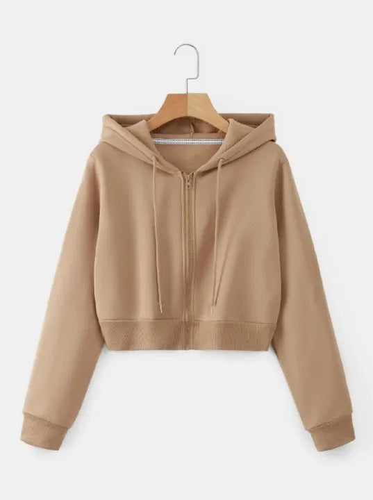 Plain Zipper Crop Hoodie For Women & Girls