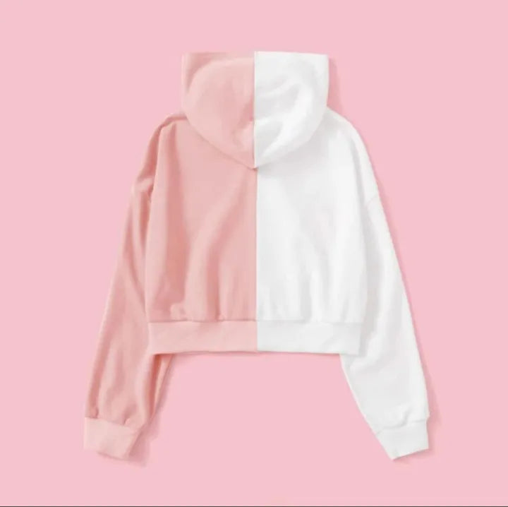 white&pink kantrac crop top pullover hoddie for women