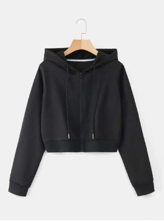 Plain Zipper Crop Hoodie For Women & Girls
