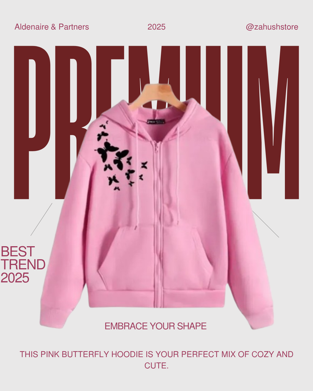 Butterflies Printed Zipper Hoodie for Girls & Women