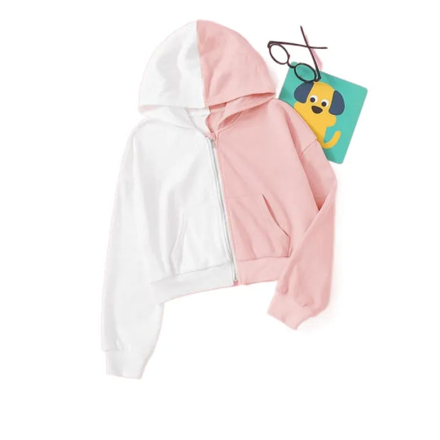 white&pink kantrac crop top pullover hoddie for women