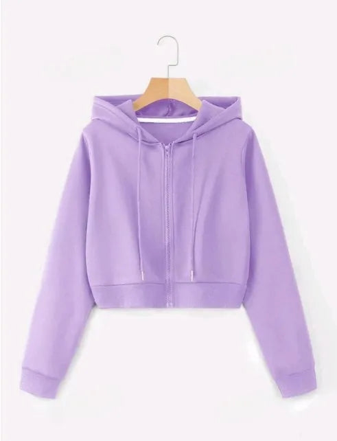 Plain Zipper Crop Hoodie For Women & Girls